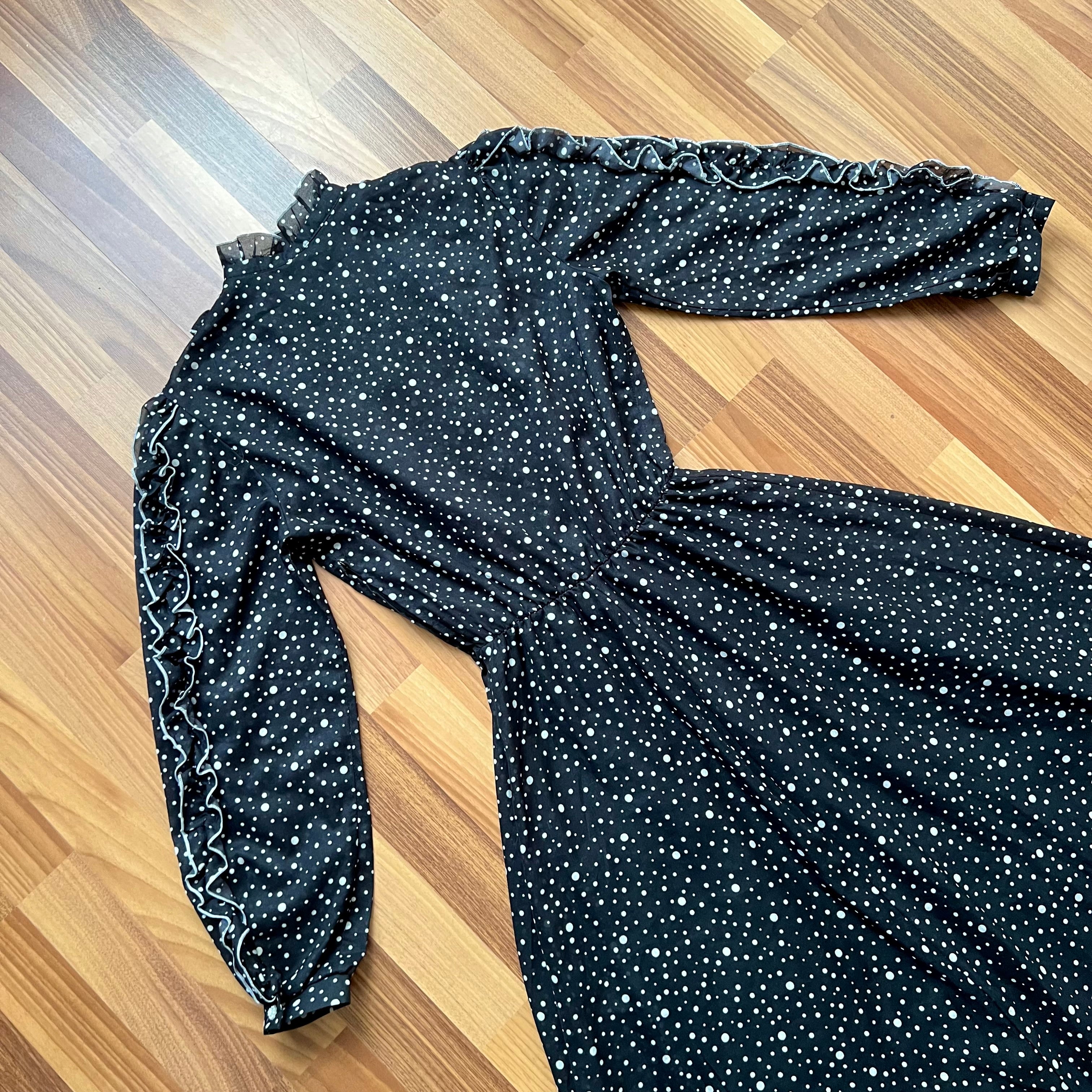 1970s Polka Dot Prairie Maxi Dress Ruffled High Neck Gothic Long Sleeves Victorian Style Tiered