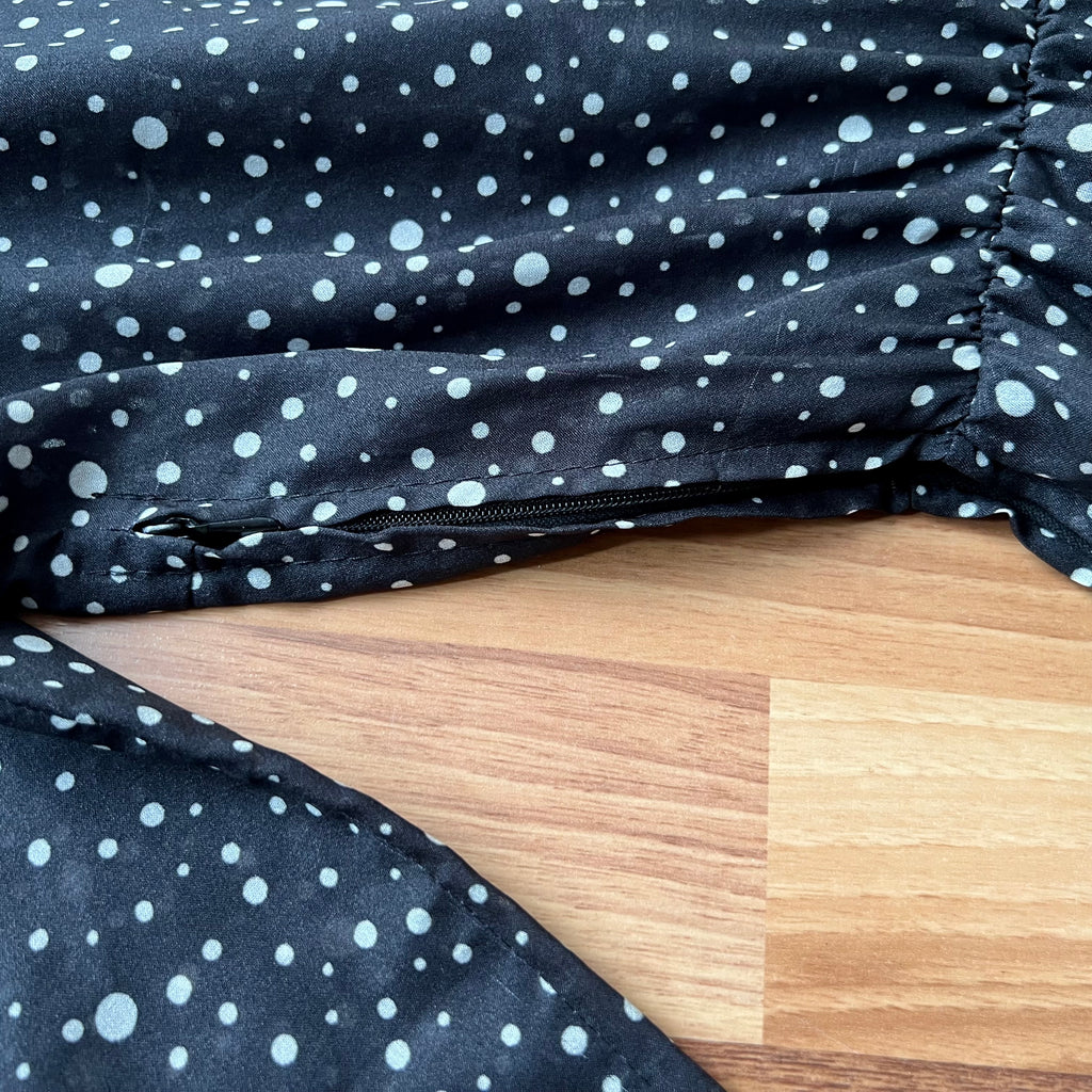 1970s Polka Dot Prairie Maxi Dress Ruffled High Neck Gothic Long Sleeves Victorian Style Tiered