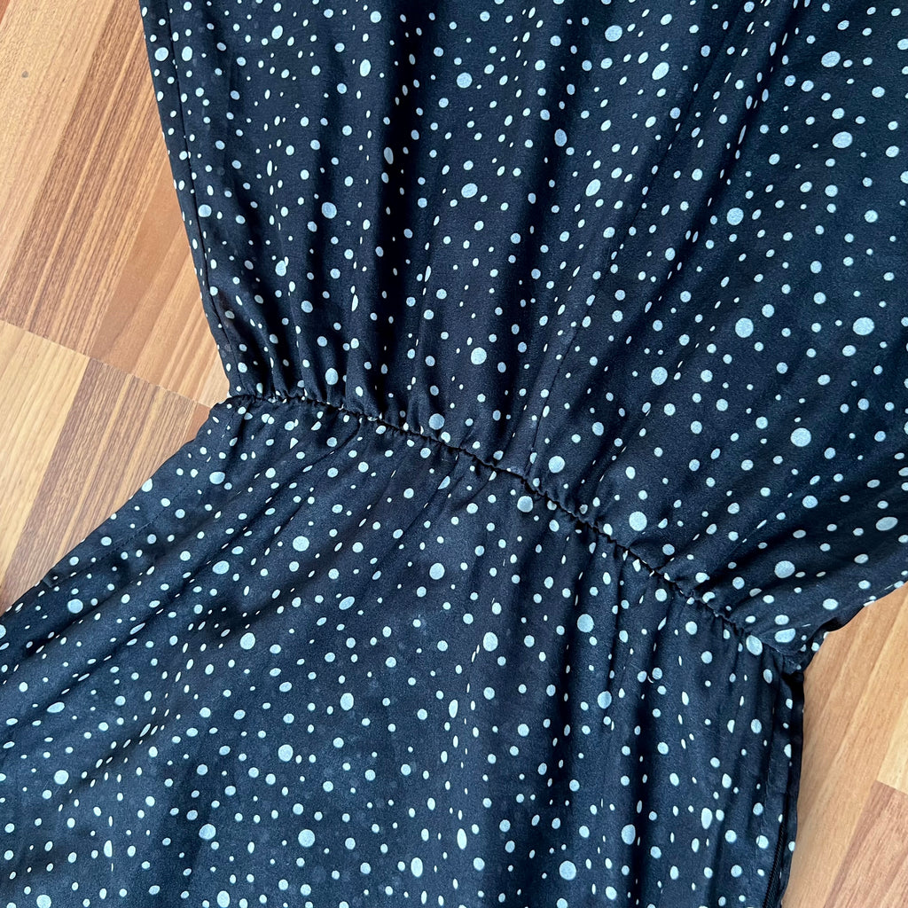 1970s Polka Dot Prairie Maxi Dress Ruffled High Neck Gothic Long Sleeves Victorian Style Tiered