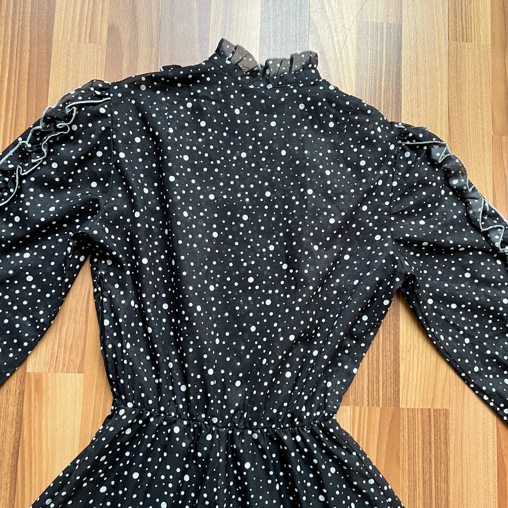 1970s Polka Dot Prairie Maxi Dress Ruffled High Neck Gothic Long Sleeves Victorian Style Tiered