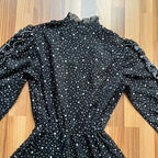 1970s Polka Dot Prairie Maxi Dress Ruffled High Neck Gothic Long Sleeves Victorian Style Tiered