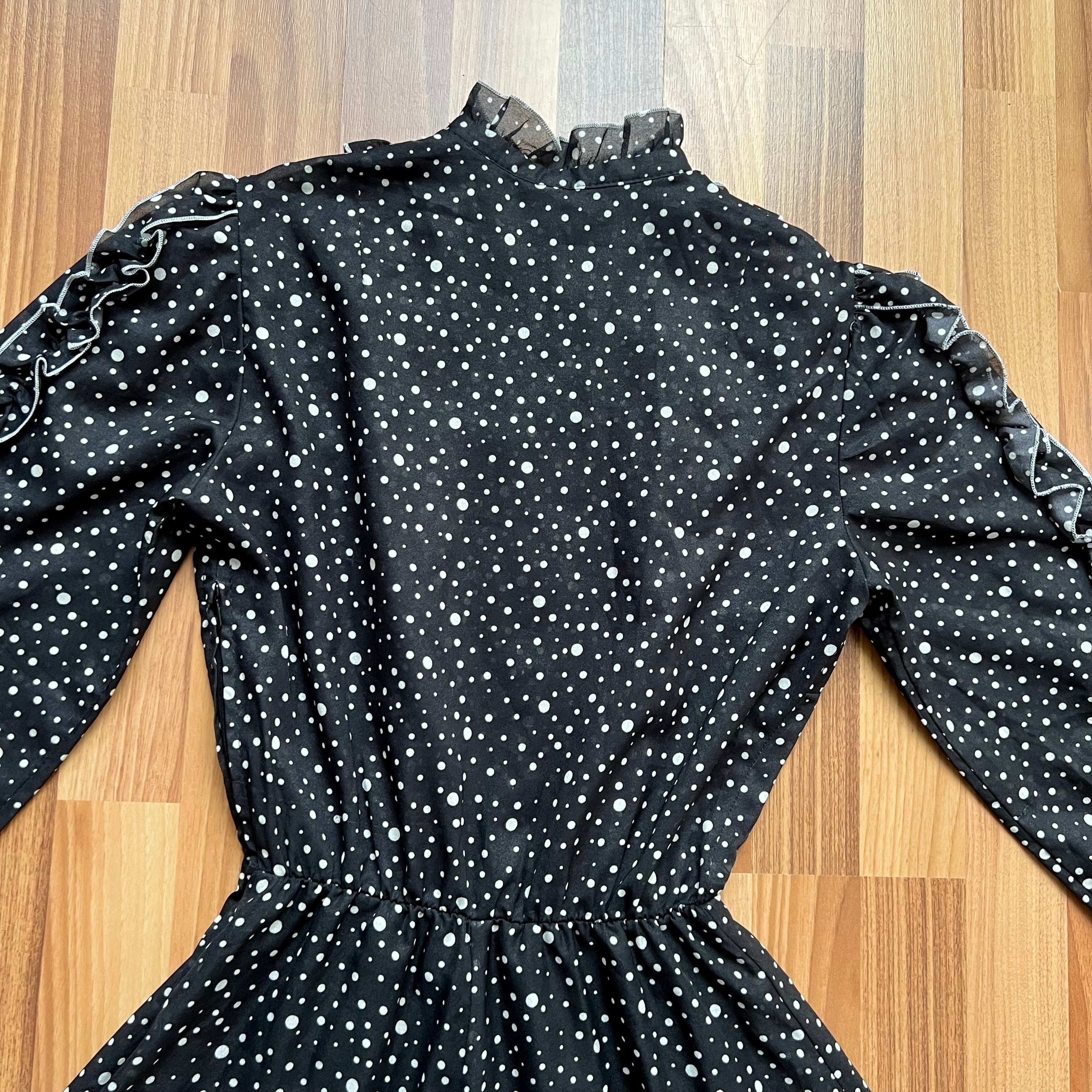 1970s Polka Dot Prairie Maxi Dress Ruffled High Neck Gothic Long Sleeves Victorian Style Tiered