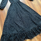 1970s Polka Dot Prairie Maxi Dress Ruffled High Neck Gothic Long Sleeves Victorian Style Tiered