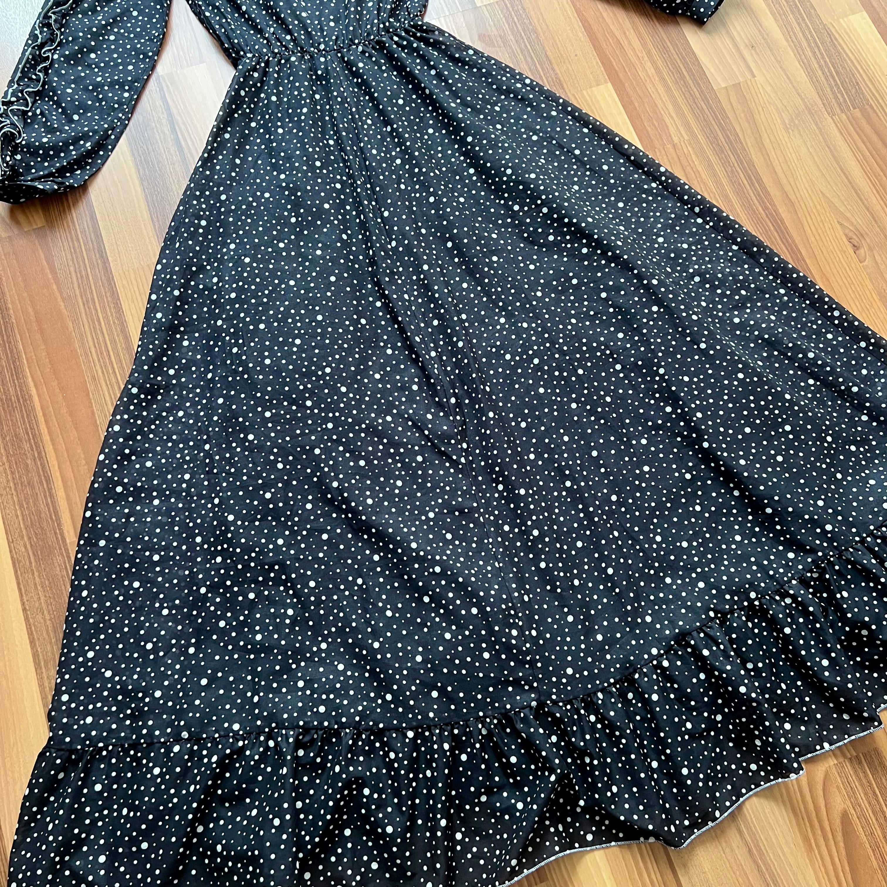 1970s Polka Dot Prairie Maxi Dress Ruffled High Neck Gothic Long Sleeves Victorian Style Tiered