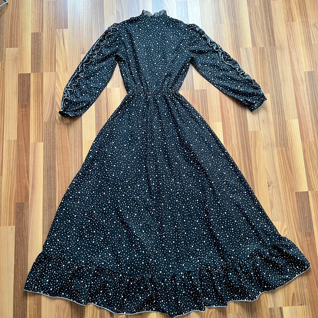 1970s Polka Dot Prairie Maxi Dress Ruffled High Neck Gothic Long Sleeves Victorian Style Tiered