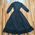 1970s Polka Dot Prairie Maxi Dress Ruffled High Neck Gothic Long Sleeves Victorian Style Tiered