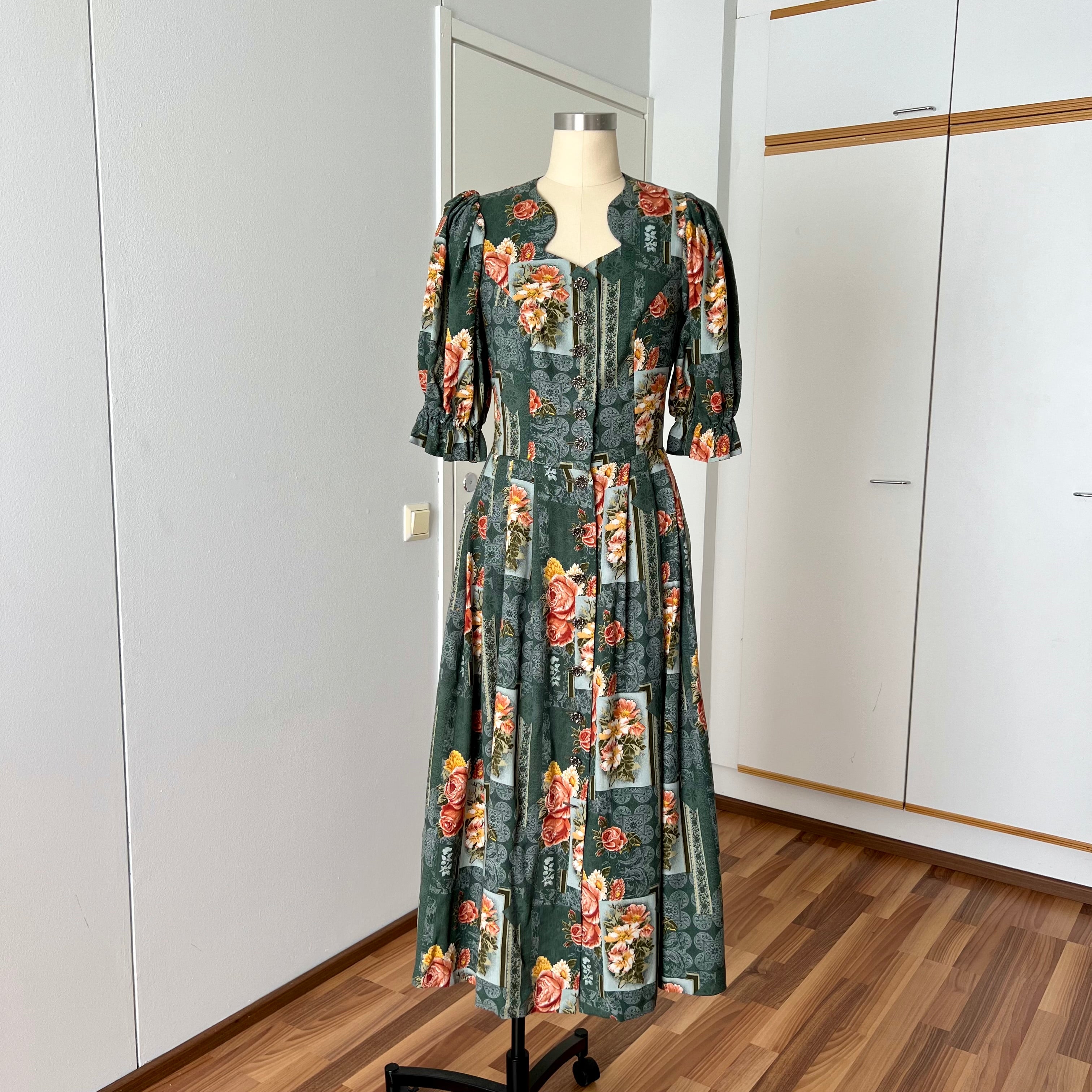 1990s ISOLA Austrian Folk Trachten Dress-Dark Floral Maxi Dirndl Dress EU 40