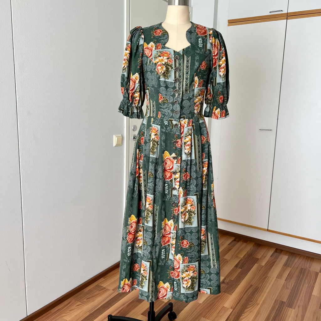 1990s ISOLA Austrian Folk Trachten Dress-Dark Floral Maxi Dirndl Dress EU 40