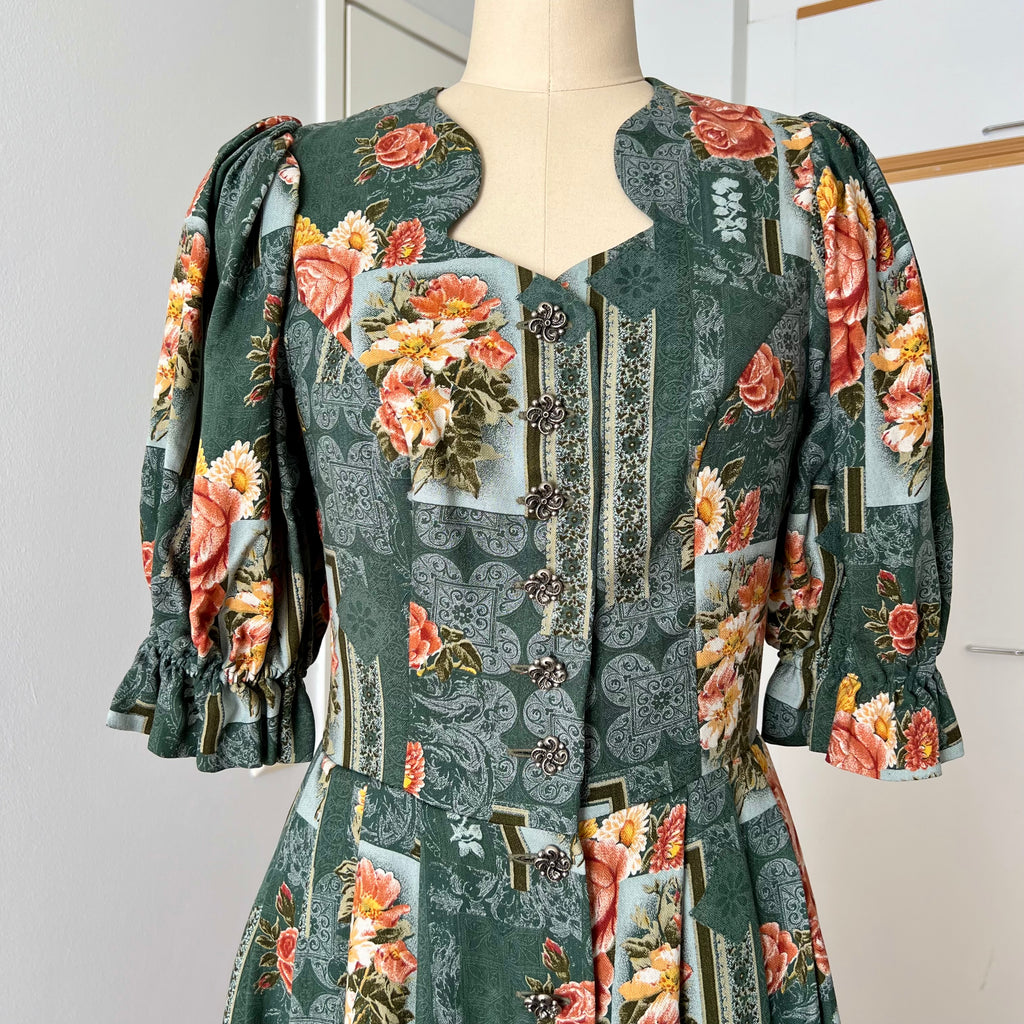 1990s ISOLA Austrian Folk Trachten Dress-Dark Floral Maxi Dirndl Dress EU 40