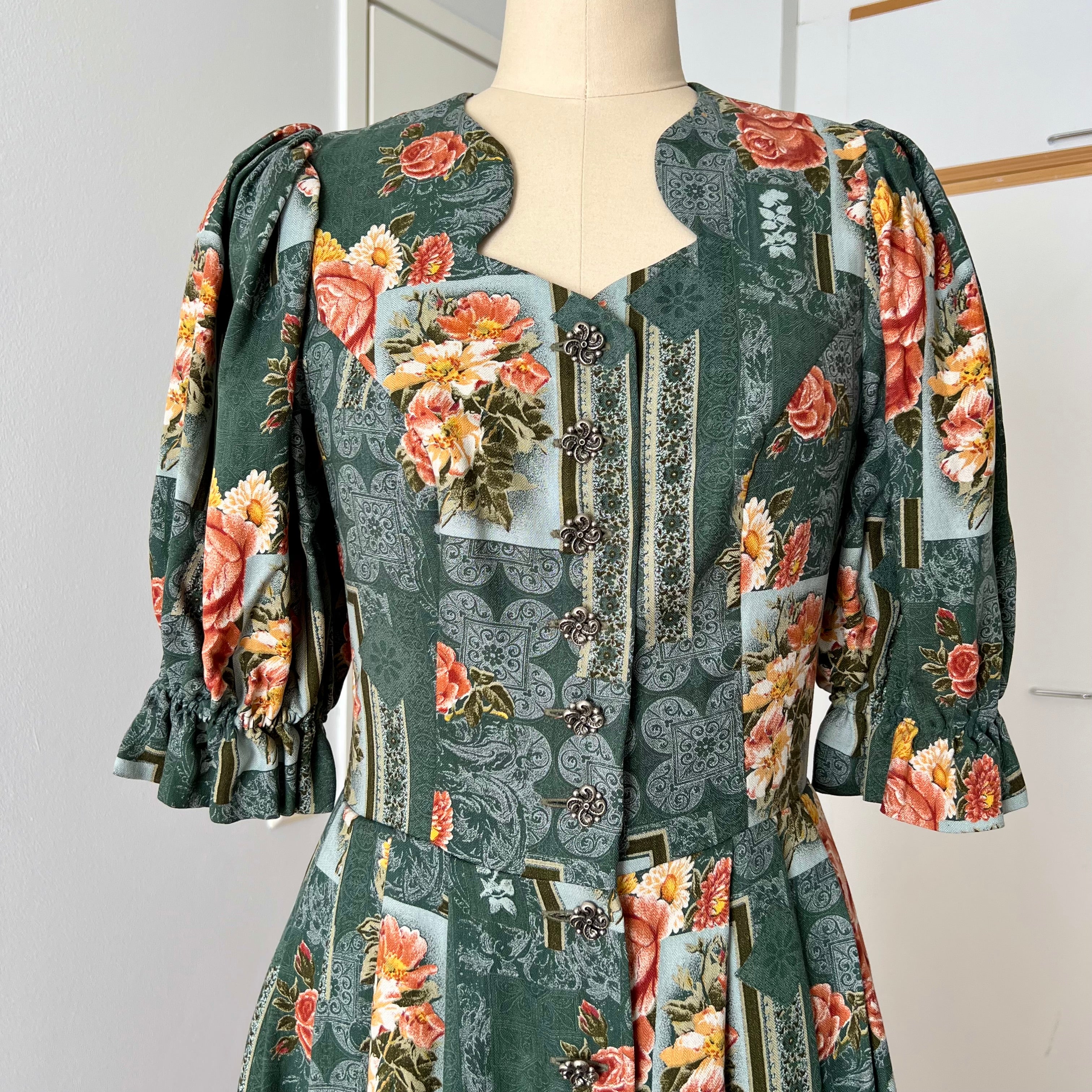 1990s ISOLA Austrian Folk Trachten Dress-Dark Floral Maxi Dirndl Dress EU 40