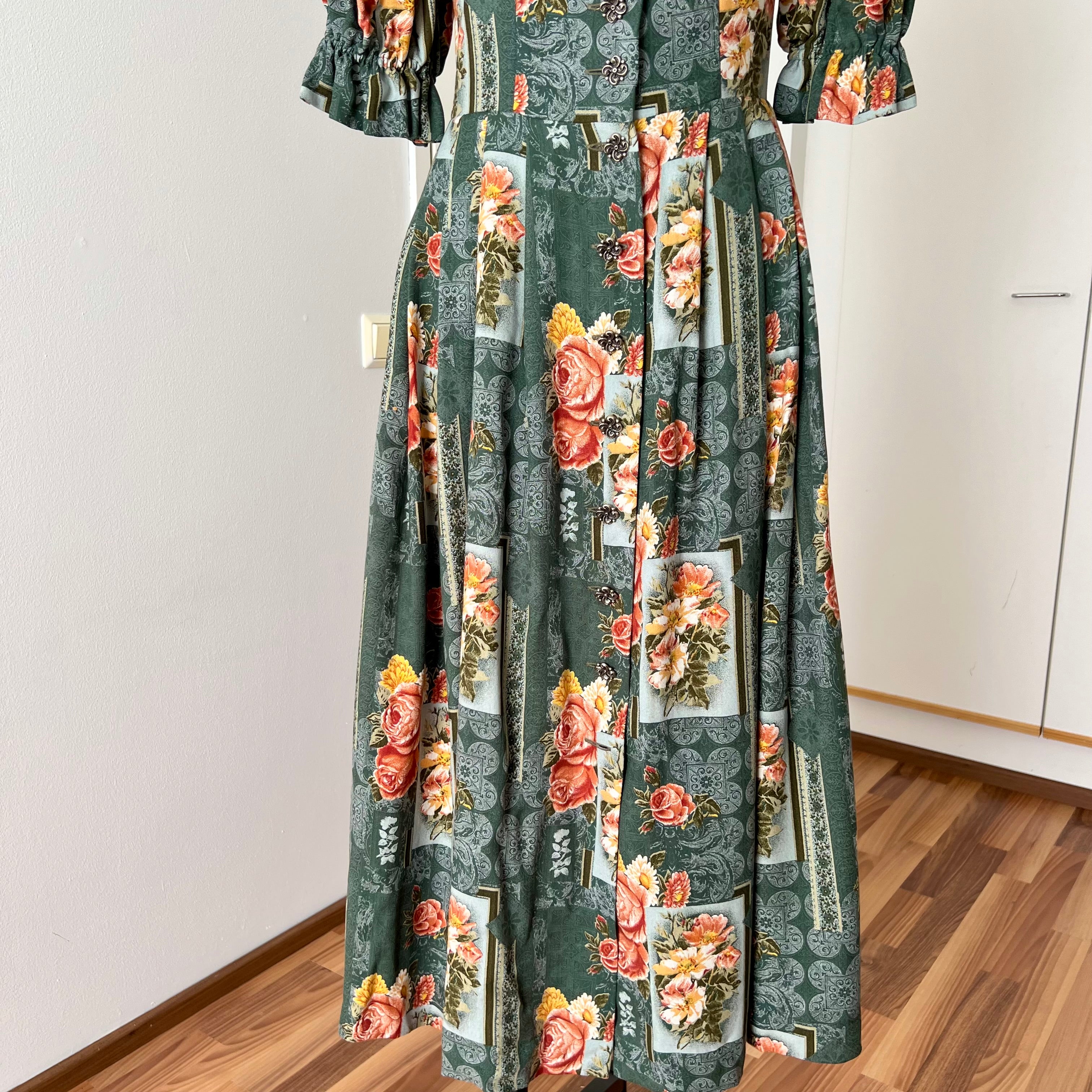 1990s ISOLA Austrian Folk Trachten Dress-Dark Floral Maxi Dirndl Dress EU 40