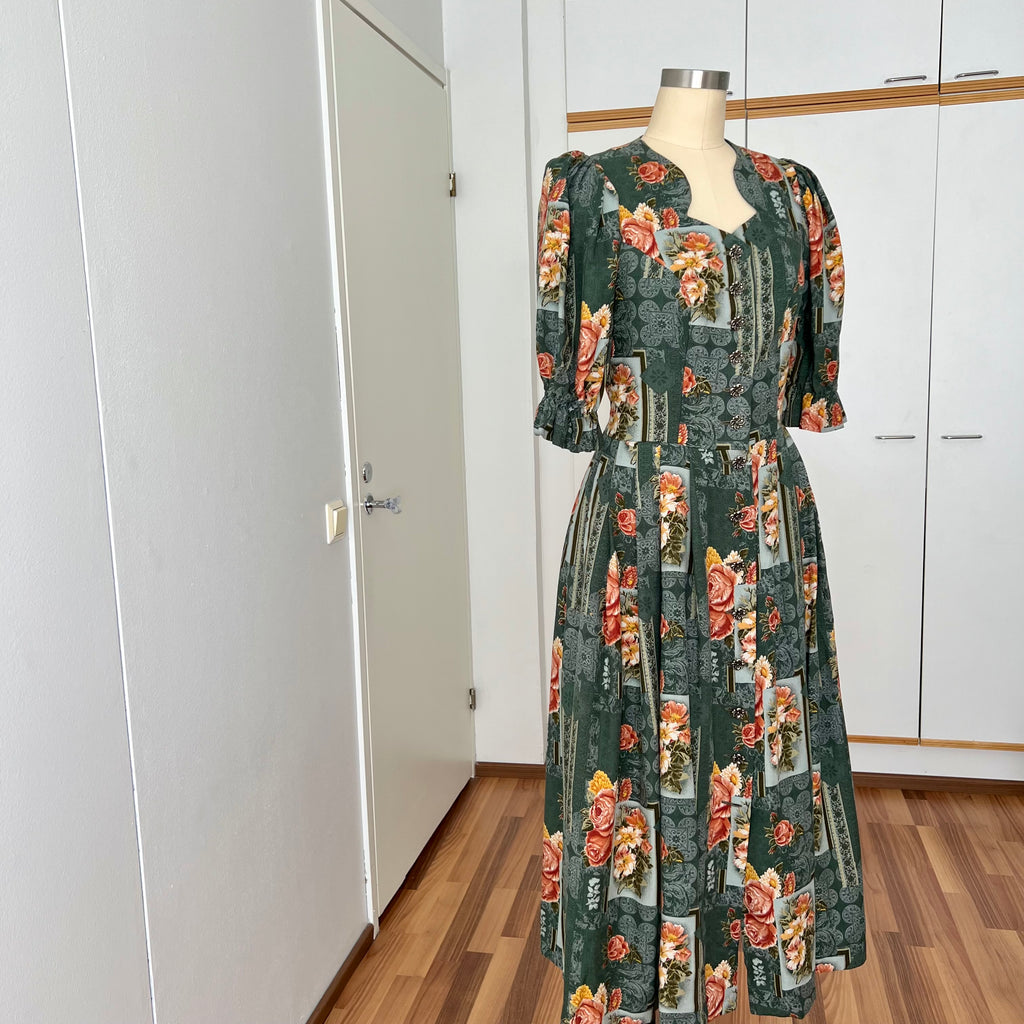 1990s ISOLA Austrian Folk Trachten Dress-Dark Floral Maxi Dirndl Dress EU 40