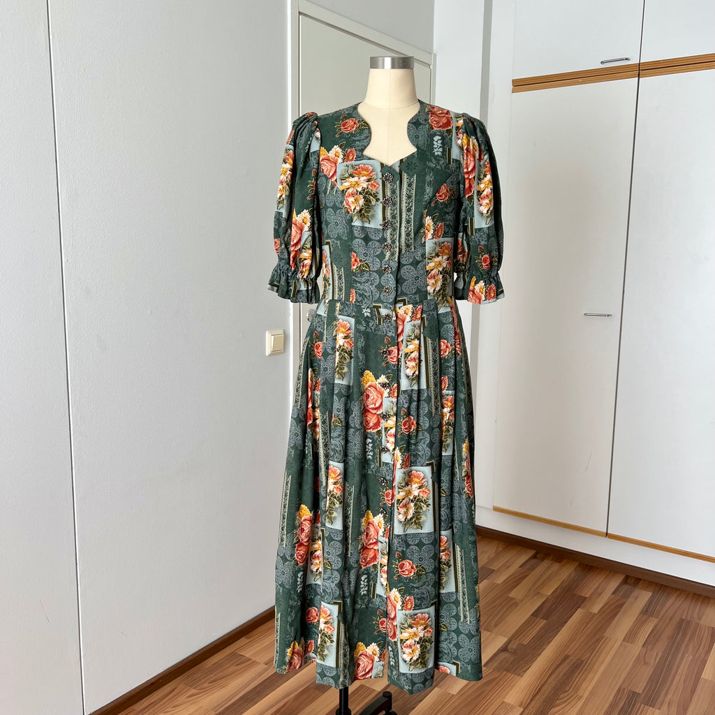 1990s ISOLA Austrian Folk Trachten Dress-Dark Floral Maxi Dirndl Dress EU 40