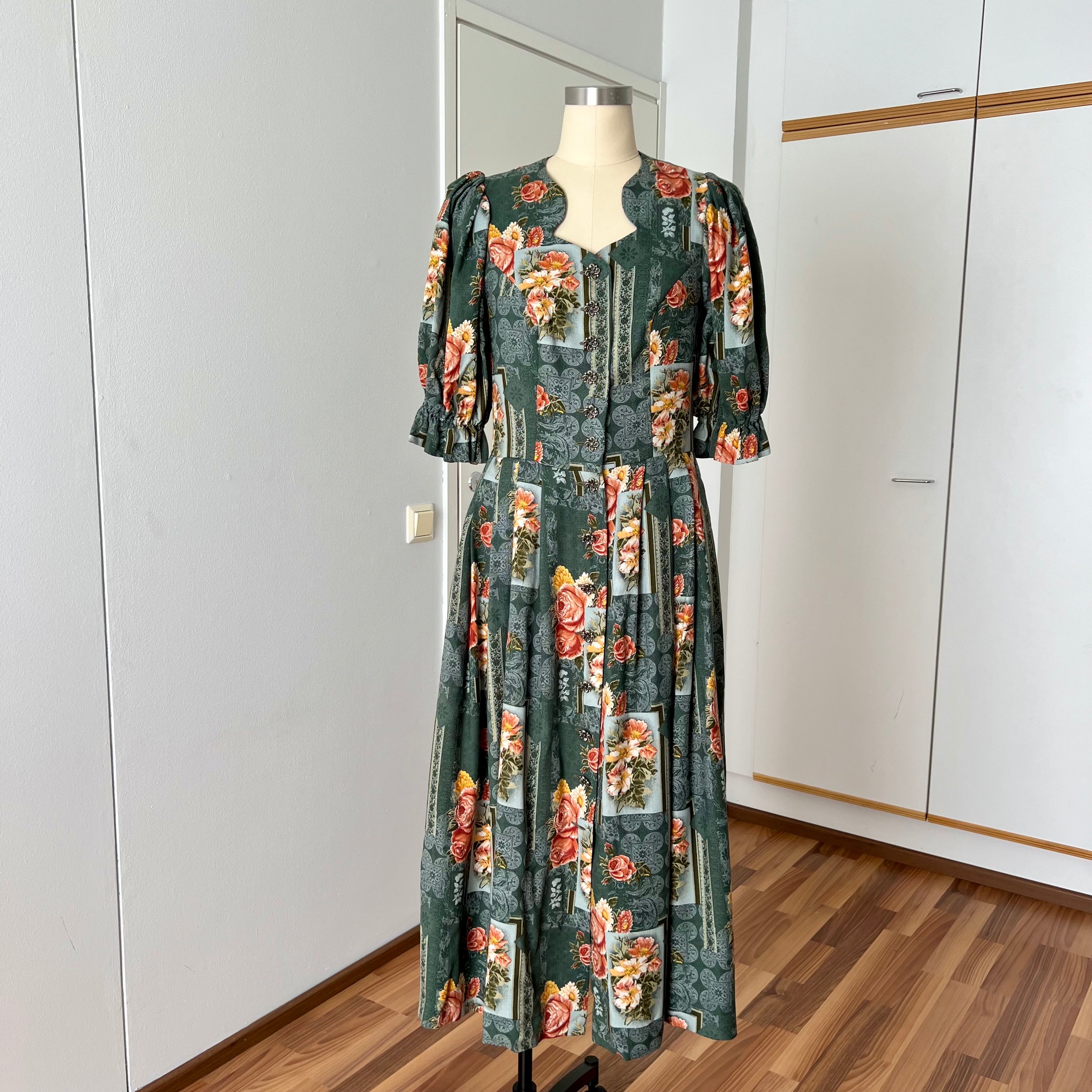 1990s ISOLA Austrian Folk Trachten Dress-Dark Floral Maxi Dirndl Dress EU 40