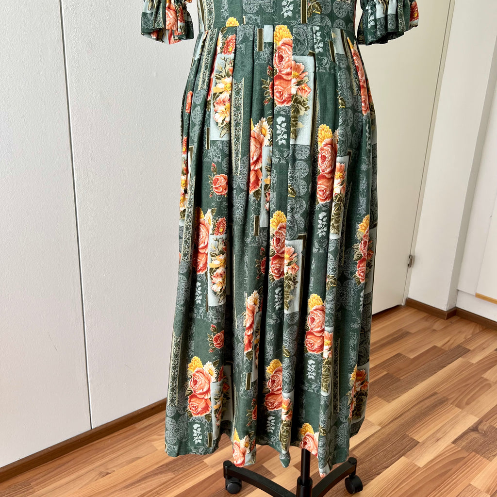 1990s ISOLA Austrian Folk Trachten Dress-Dark Floral Maxi Dirndl Dress EU 40