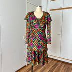 1980s Metallic Floral Drop Waist Dress-Long Sleeves Boho Midi Cocktail Party Dress