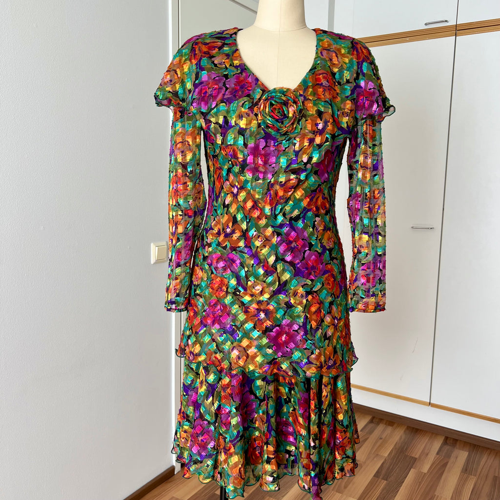 1980s Metallic Floral Drop Waist Dress-Long Sleeves Boho Midi Cocktail Party Dress