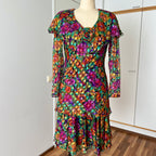 1980s Metallic Floral Drop Waist Dress-Long Sleeves Boho Midi Cocktail Party Dress