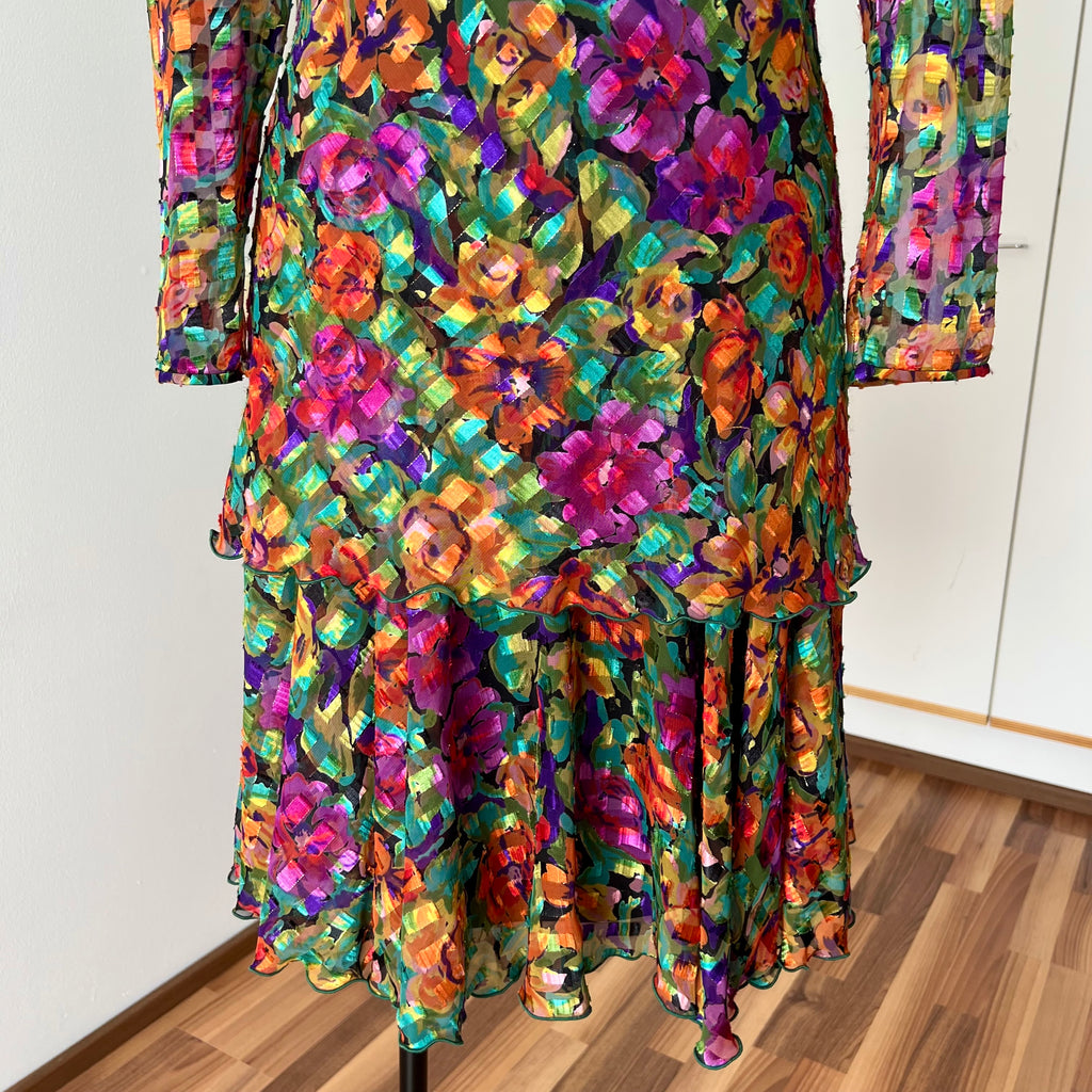 1980s Metallic Floral Drop Waist Dress-Long Sleeves Boho Midi Cocktail Party Dress