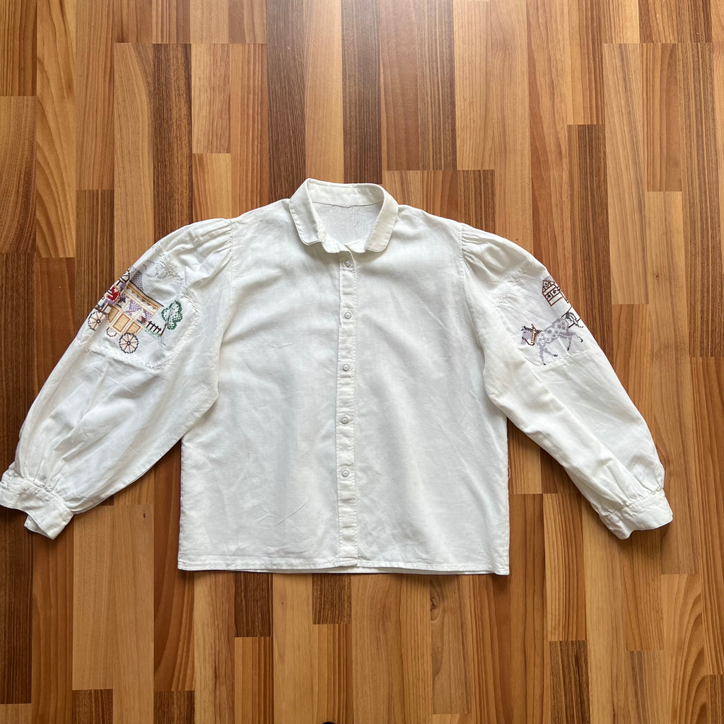 1980s Vintage Embroidered Linen Blouse-White Bavarian Folk Prairie Shirt-Button Front