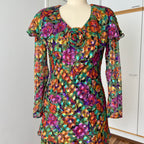1980s Metallic Floral Drop Waist Dress-Long Sleeves Boho Midi Cocktail Party Dress