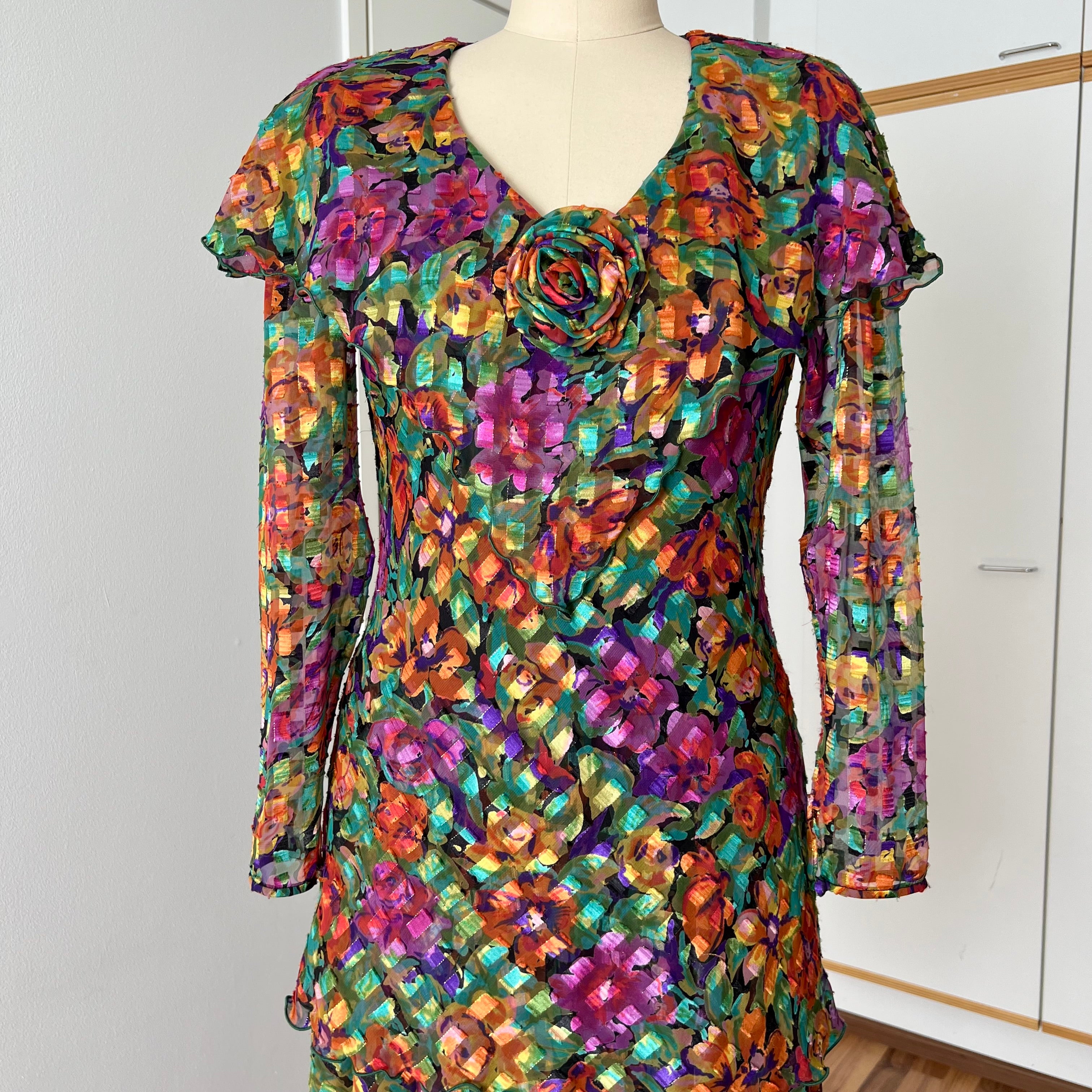 1980s Metallic Floral Drop Waist Dress-Long Sleeves Boho Midi Cocktail Party Dress
