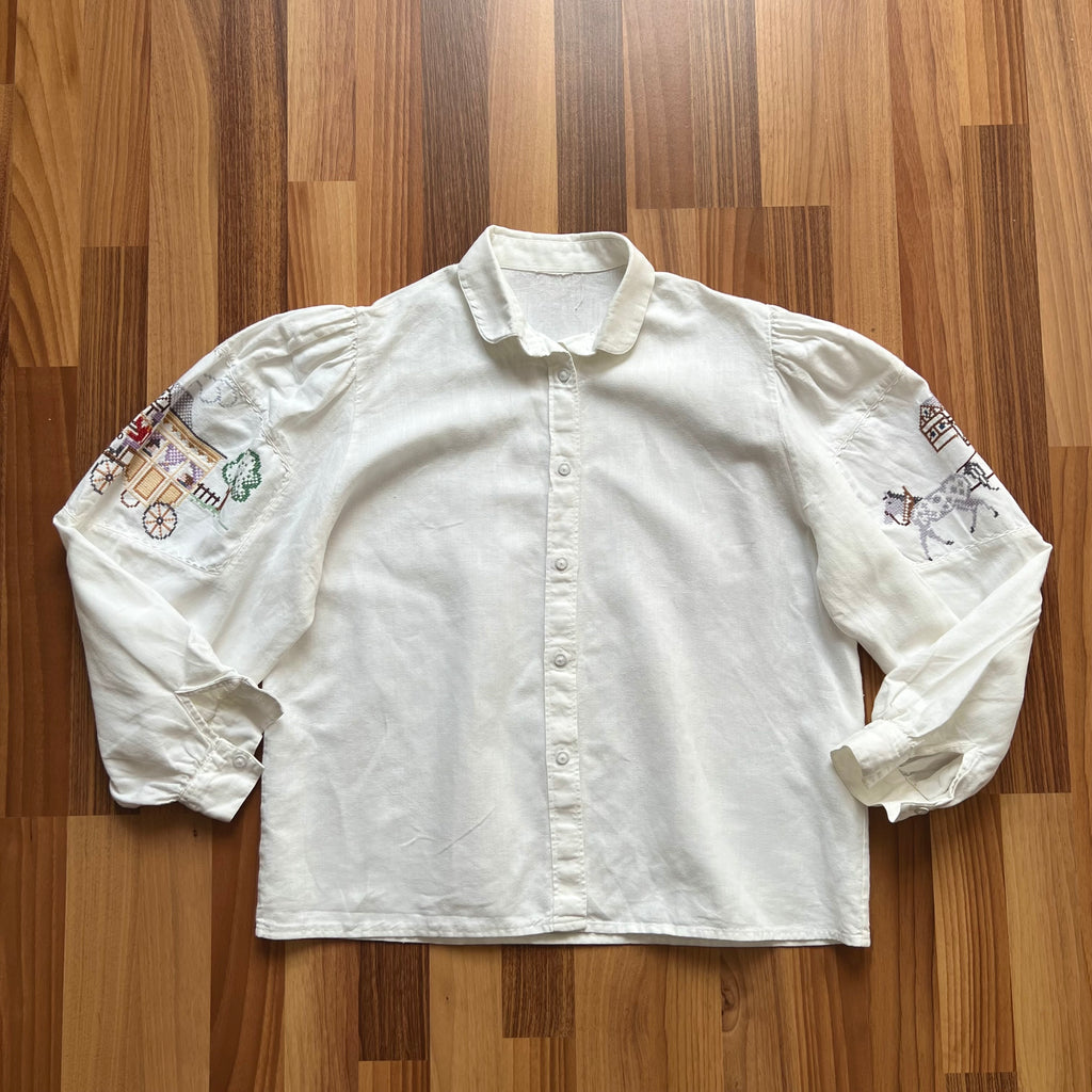 1980s Vintage Embroidered Linen Blouse White Bavarian Folk Prairie Shirt Button Front