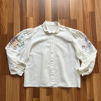 1980s Vintage Embroidered Linen Blouse White Bavarian Folk Prairie Shirt Button Front