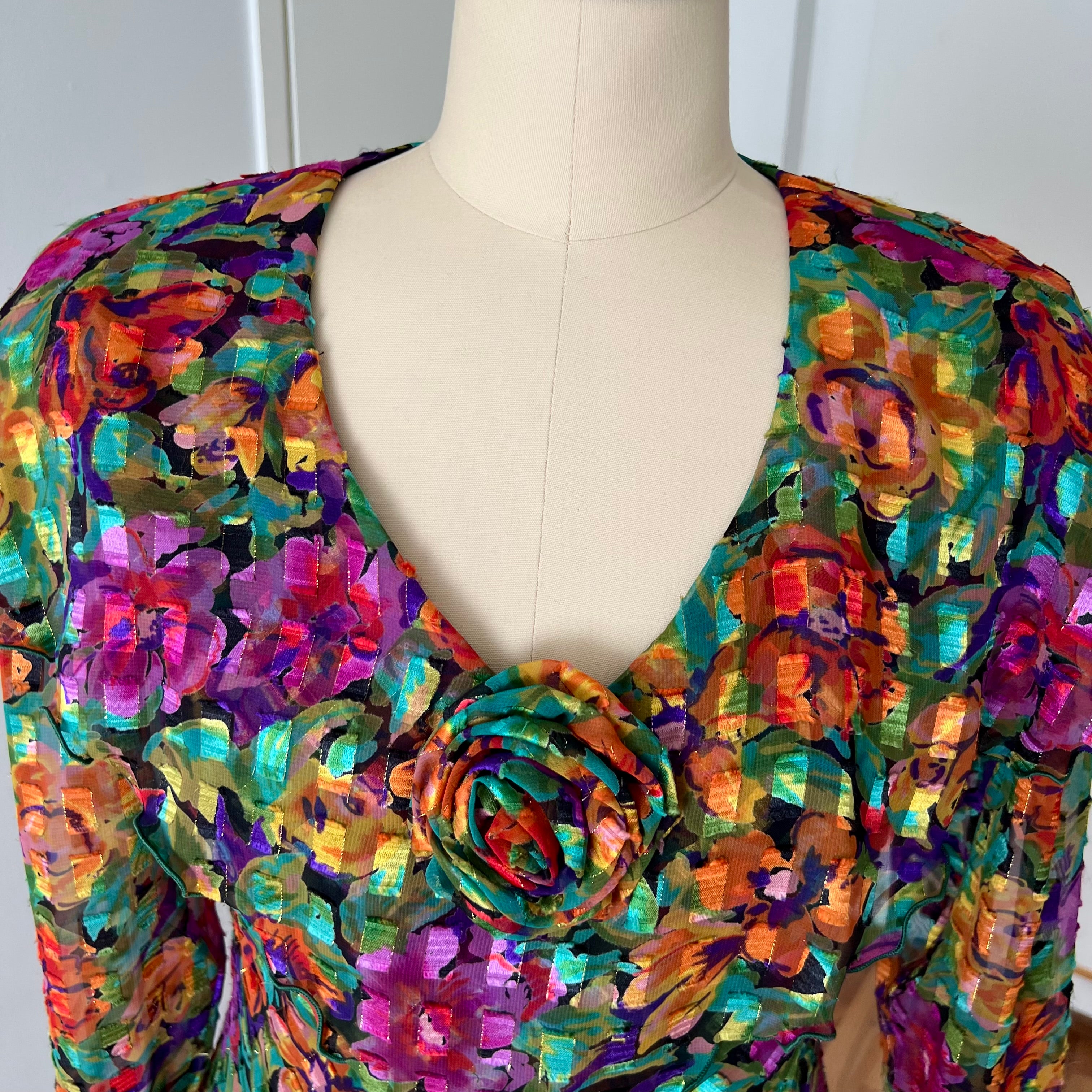 1980s Metallic Floral Drop Waist Dress-Long Sleeves Boho Midi Cocktail Party Dress