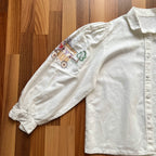 1980s Vintage Embroidered Linen Blouse White Bavarian Folk Prairie Shirt Button Front