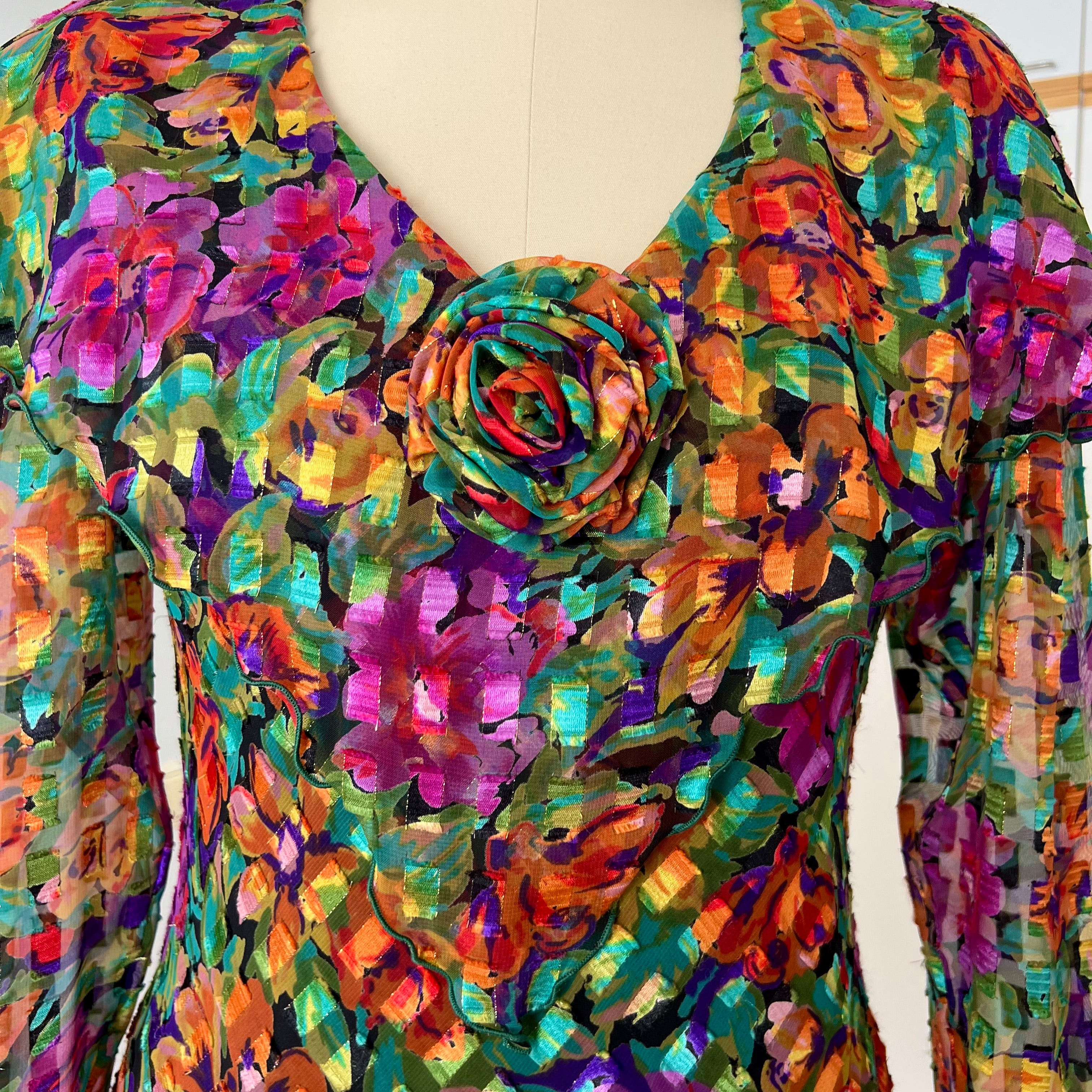 1980s Metallic Floral Drop Waist Dress-Long Sleeves Boho Midi Cocktail Party Dress