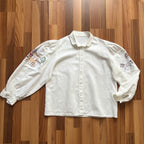 1980s Vintage Embroidered Linen Blouse White Bavarian Folk Prairie Shirt Button Front