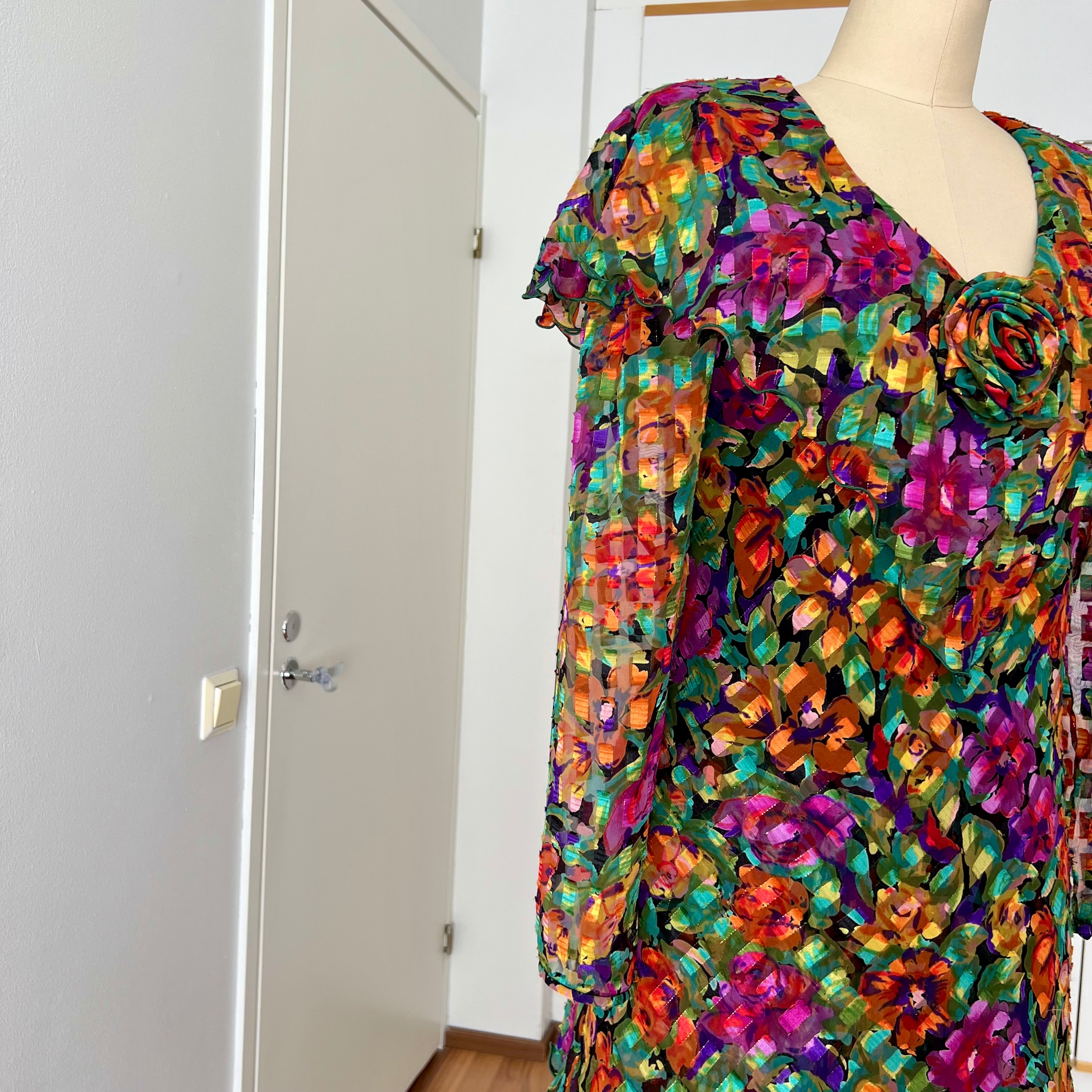 1980s Metallic Floral Drop Waist Dress-Long Sleeves Boho Midi Cocktail Party Dress
