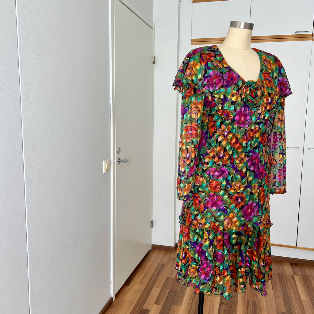 1980s Metallic Floral Drop Waist Dress-Long Sleeves Boho Midi Cocktail Party Dress