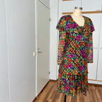 1980s Metallic Floral Drop Waist Dress-Long Sleeves Boho Midi Cocktail Party Dress