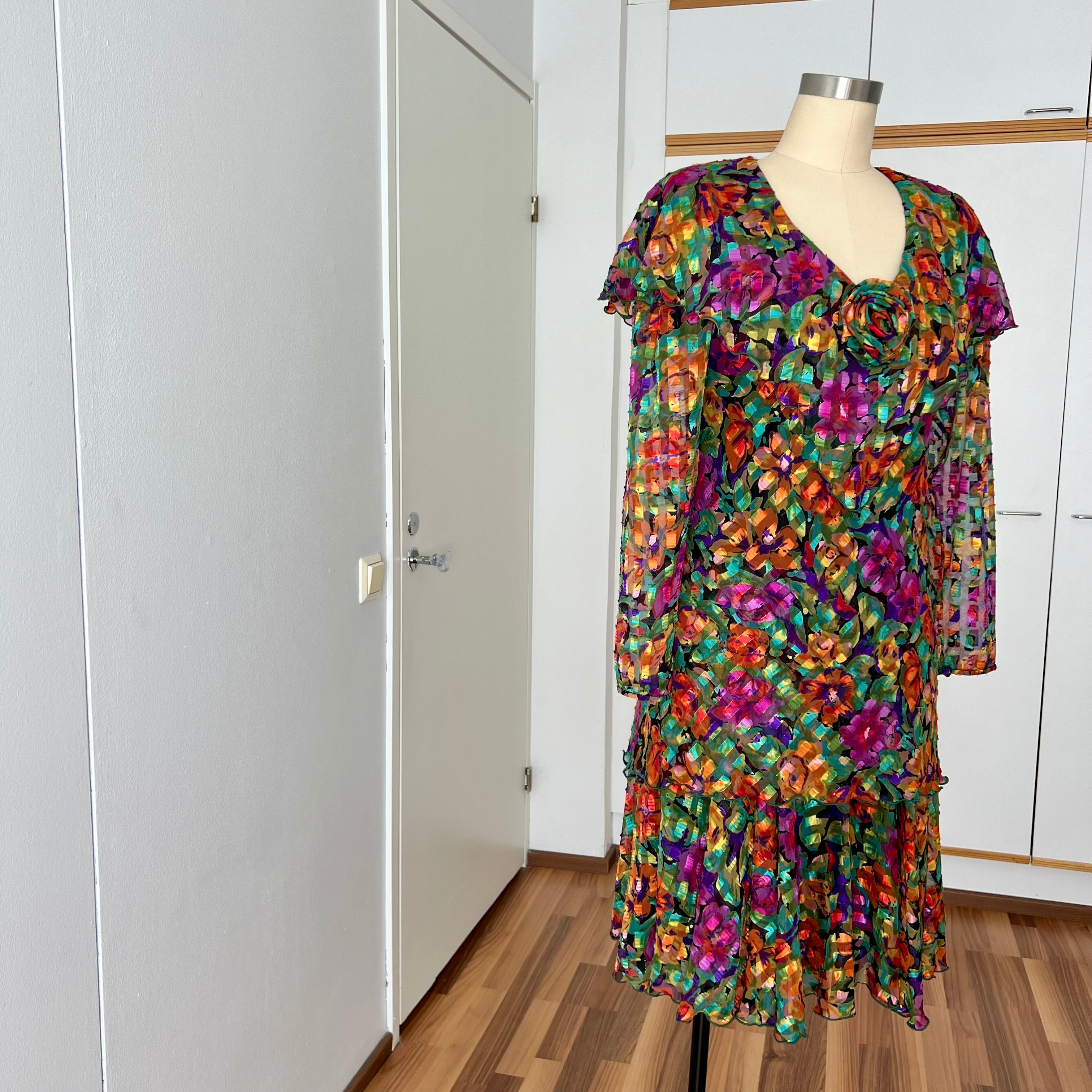 1980s Metallic Floral Drop Waist Dress-Long Sleeves Boho Midi Cocktail Party Dress