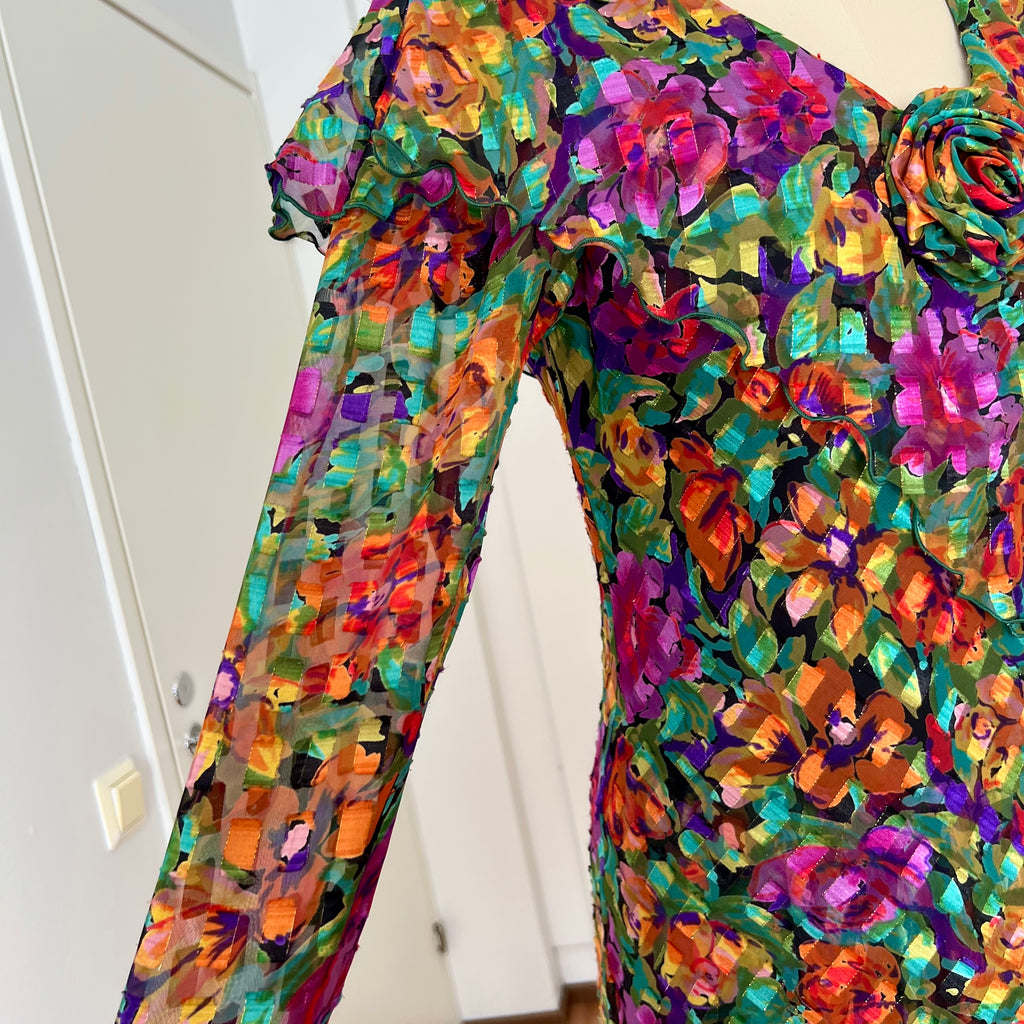 1980s Metallic Floral Drop Waist Dress-Long Sleeves Boho Midi Cocktail Party Dress