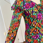 1980s Metallic Floral Drop Waist Dress-Long Sleeves Boho Midi Cocktail Party Dress