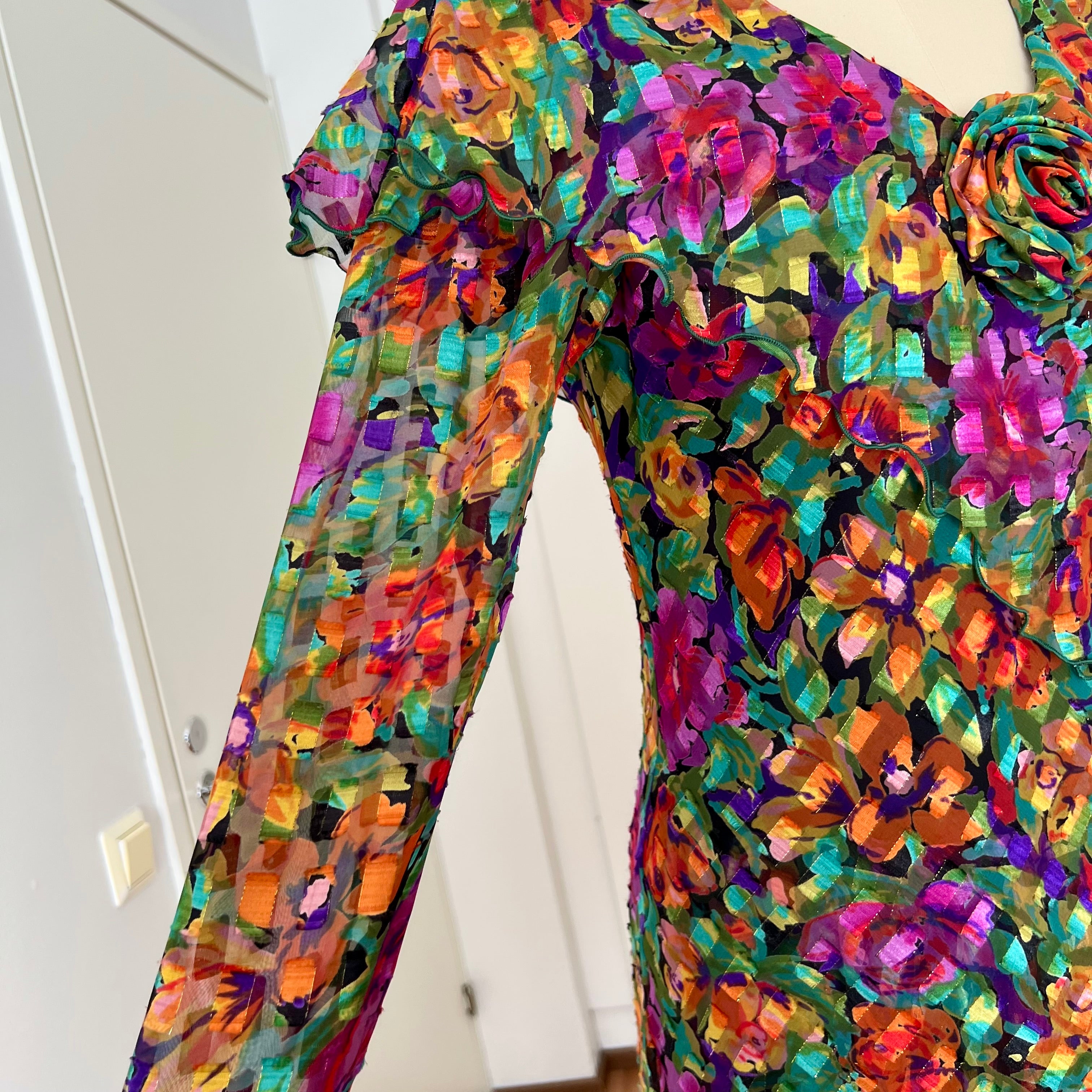 1980s Metallic Floral Drop Waist Dress-Long Sleeves Boho Midi Cocktail Party Dress
