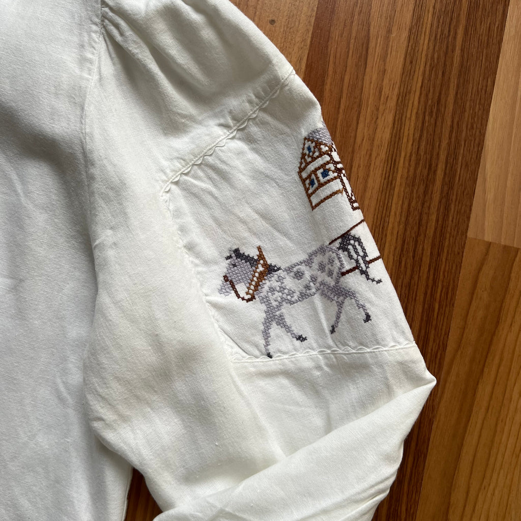 1980s Vintage Embroidered Linen Blouse White Bavarian Folk Prairie Shirt Button Front