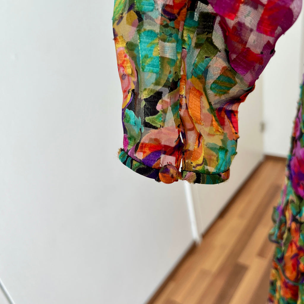 1980s Metallic Floral Drop Waist Dress-Long Sleeves Boho Midi Cocktail Party Dress