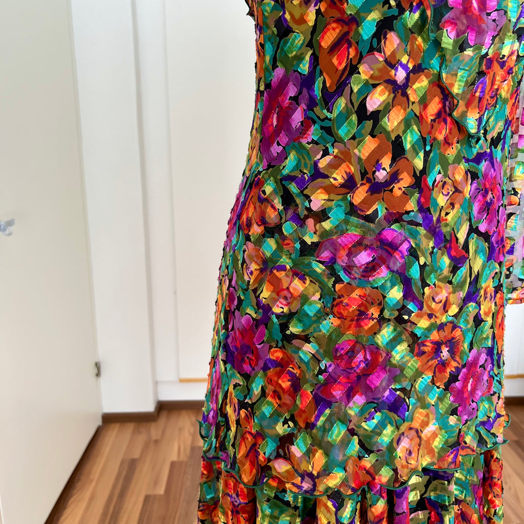 1980s Metallic Floral Drop Waist Dress-Long Sleeves Boho Midi Cocktail Party Dress