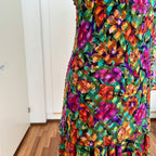 1980s Metallic Floral Drop Waist Dress-Long Sleeves Boho Midi Cocktail Party Dress