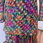 1980s Metallic Floral Drop Waist Dress-Long Sleeves Boho Midi Cocktail Party Dress