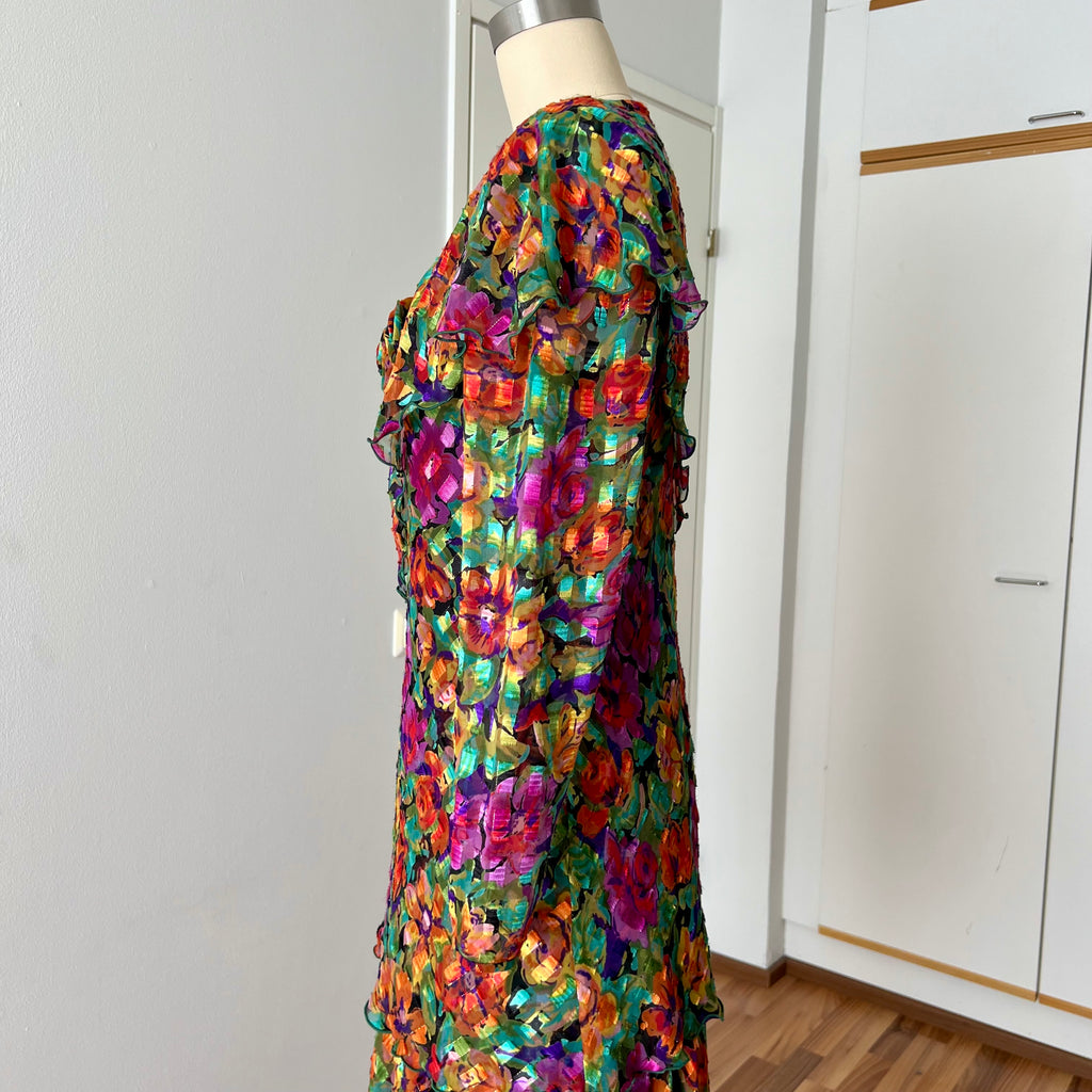 1980s Metallic Floral Drop Waist Dress-Long Sleeves Boho Midi Cocktail Party Dress