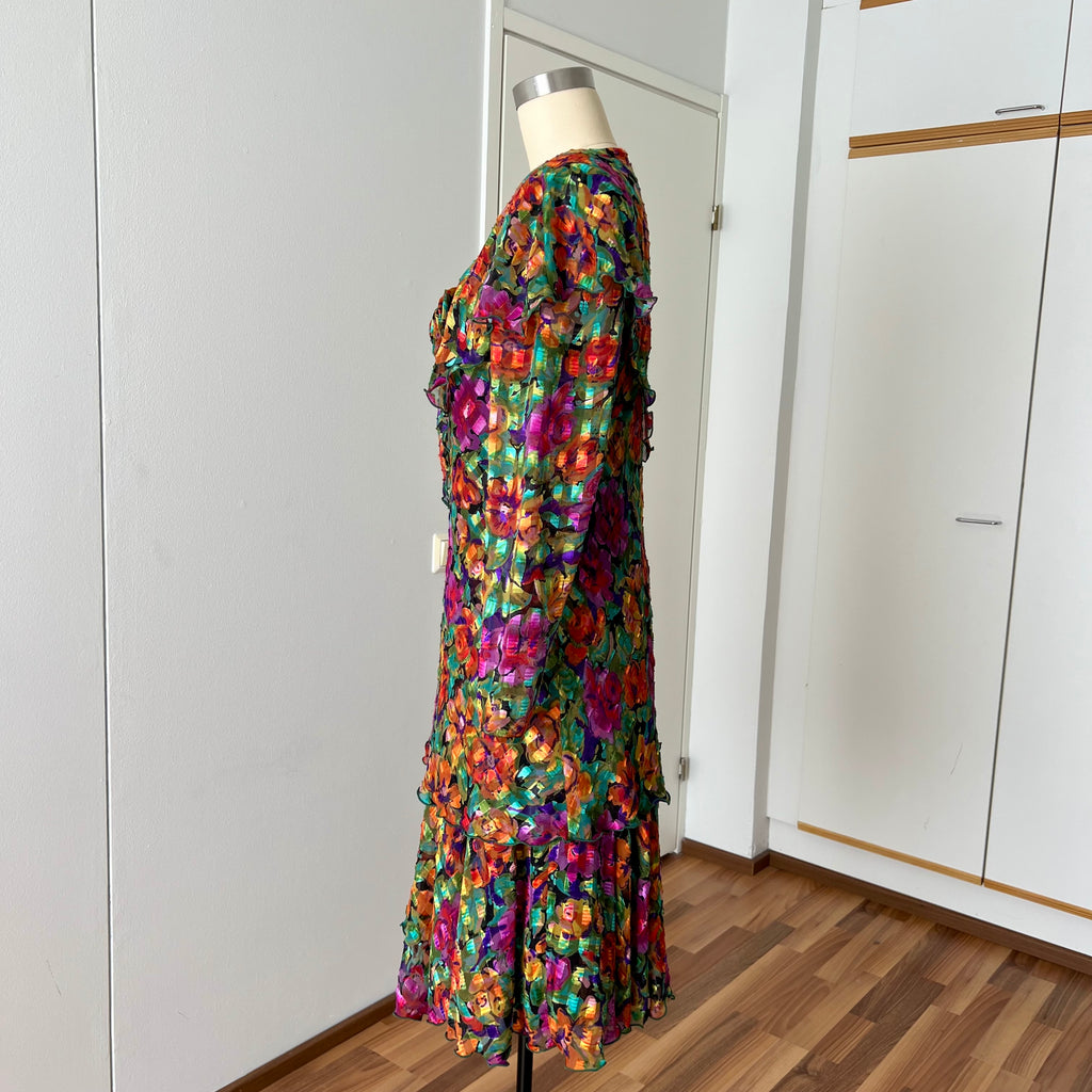1980s Metallic Floral Drop Waist Dress-Long Sleeves Boho Midi Cocktail Party Dress