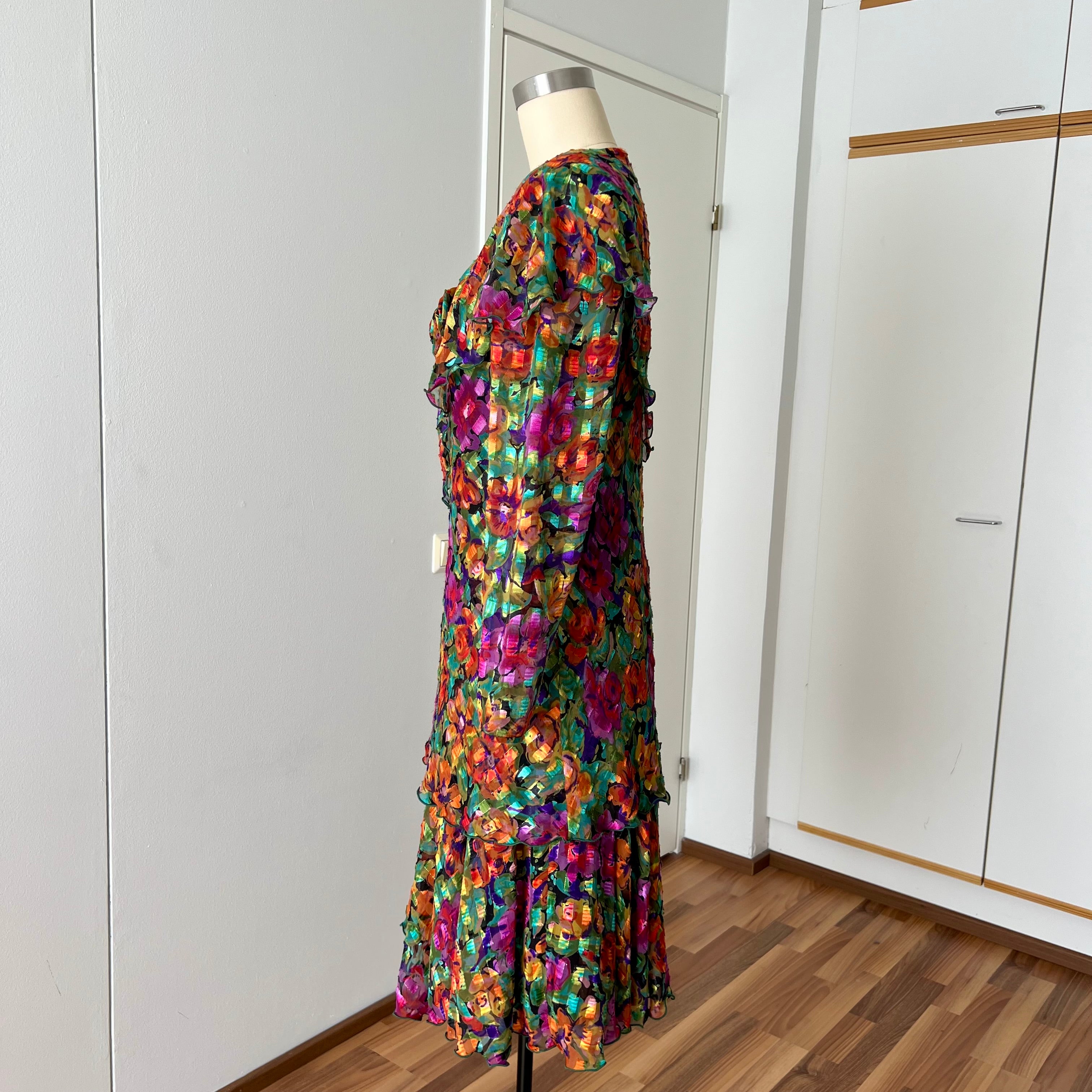 1980s Metallic Floral Drop Waist Dress-Long Sleeves Boho Midi Cocktail Party Dress