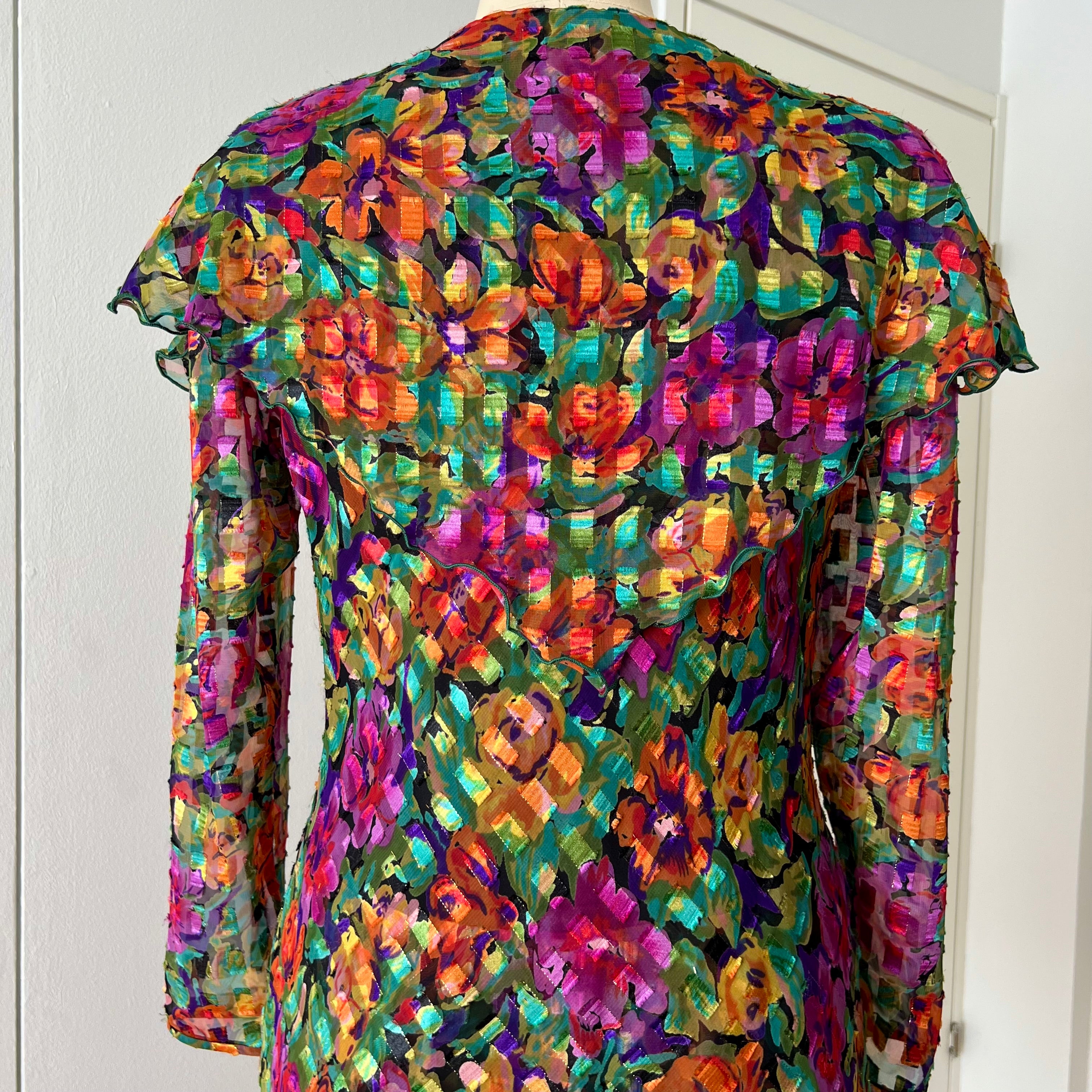 1980s Metallic Floral Drop Waist Dress-Long Sleeves Boho Midi Cocktail Party Dress