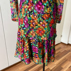 1980s Metallic Floral Drop Waist Dress-Long Sleeves Boho Midi Cocktail Party Dress