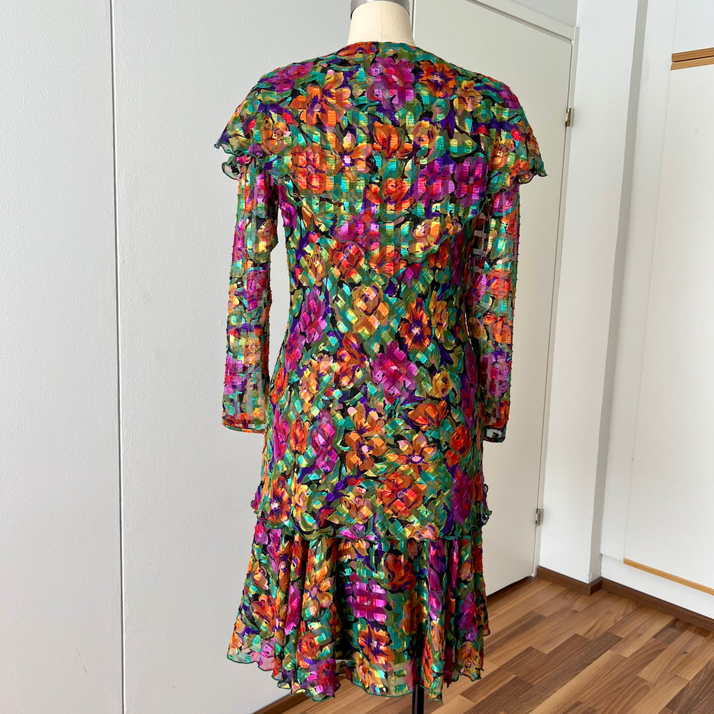 1980s Metallic Floral Drop Waist Dress-Long Sleeves Boho Midi Cocktail Party Dress